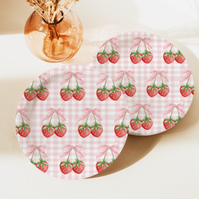 Berry Sweet Strawberry birthday Pink Gingham Paper Plate (Creator Uploaded)