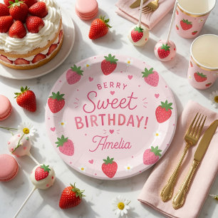 Berry Sweet Strawberry Birthday Pink Paper Plate