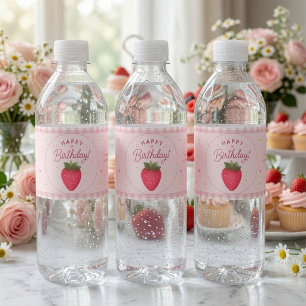 Berry Sweet Strawberry Birthday Pink Water Bottle Label