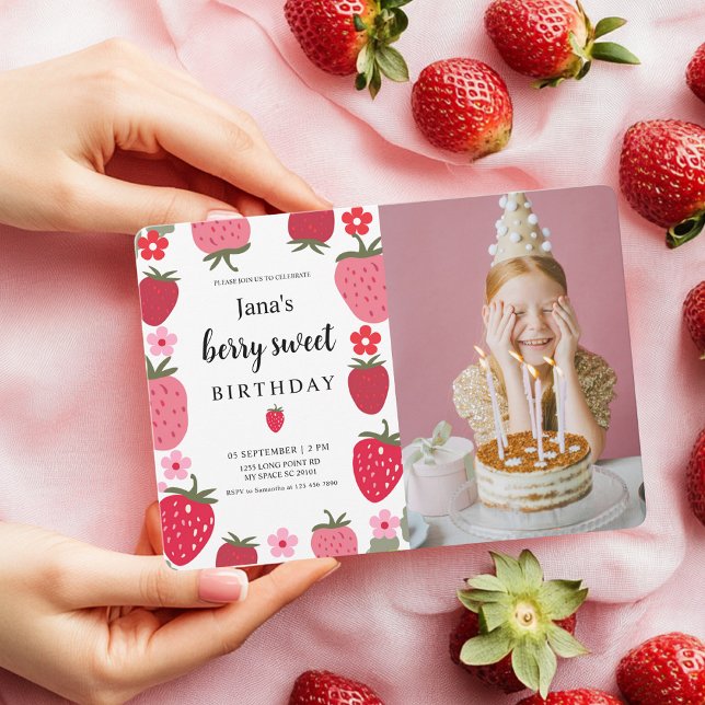 "Berry Sweet Strawberry Birthday with Photo Invitation (Creator Uploaded)