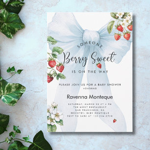 Berry Sweet Strawberry Blue Bow Baby Shower  Invitation