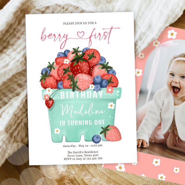 Berry Sweet Strawberry Blueberry First Birthday Invitation (Creator Uploaded)
