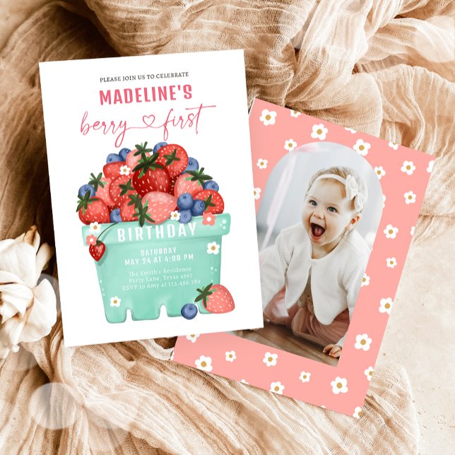 Berry Sweet Strawberry Blueberry First Birthday Invitation (Creator Uploaded)