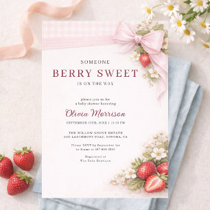 Berry Sweet Strawberry Bow Gingham Baby Shower Invitation