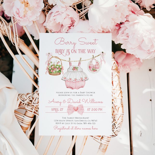 Berry Sweet Strawberry Bow Modern Baby Girl Shower Invitation (Creator Uploaded)