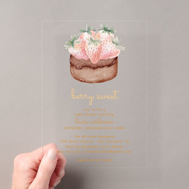 Berry Sweet Strawberry Cupcake Baby Shower Acrylic Invitations (Insitu (Handheld))