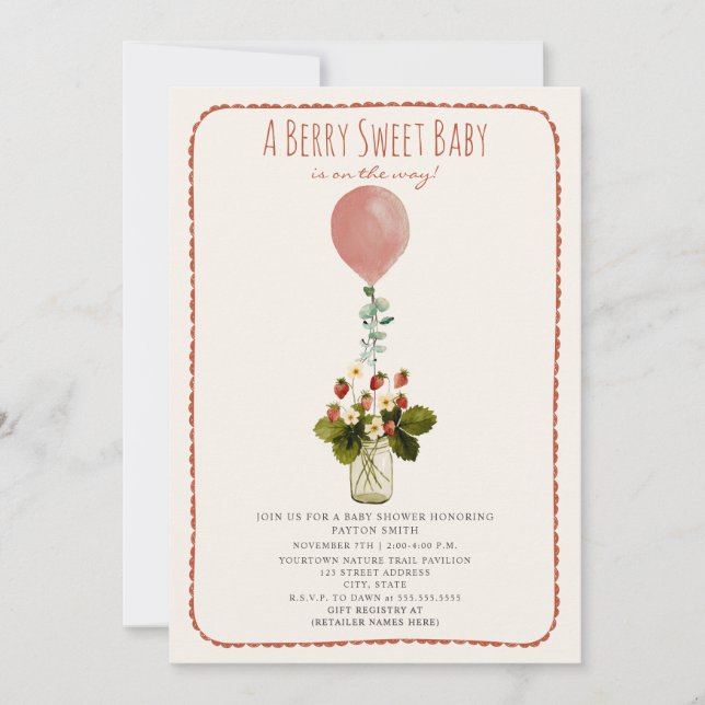 Berry Sweet Strawberry Doodle Girl Baby Shower Invitation (Front)