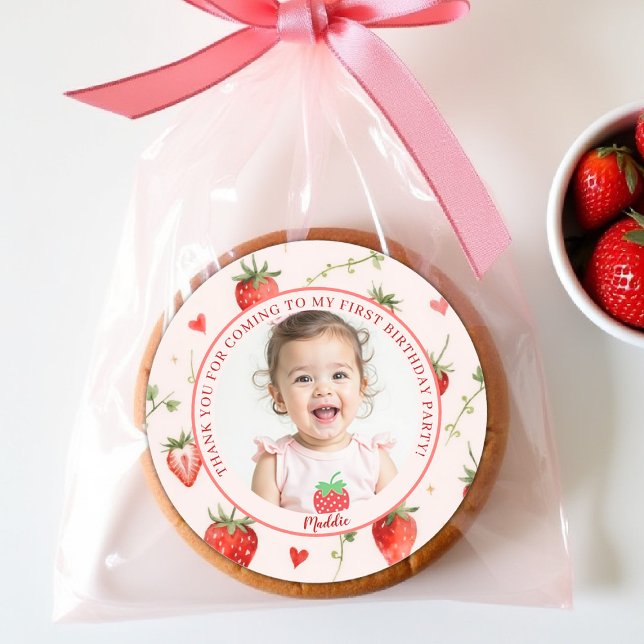Berry Sweet Strawberry Farmhouse Chic 1st Birthday Classic Round Sticker (berry first birthday party favor thank you sticker girls strawberry 1st watercolor summer farmhouse )