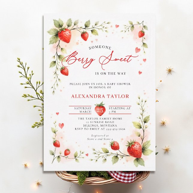 Berry Sweet Strawberry Garden Summer Baby Shower Invitation (berry sweet baby shower invitation fruit strawberry theme art watercolor garden farmhouse)