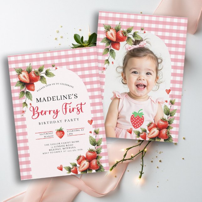 Berry Sweet Strawberry Gingham Photo 1st Birthday Invitation (berry first birthday party photo invitation girls strawberry 1st watercolor summer farmhouse cottage)