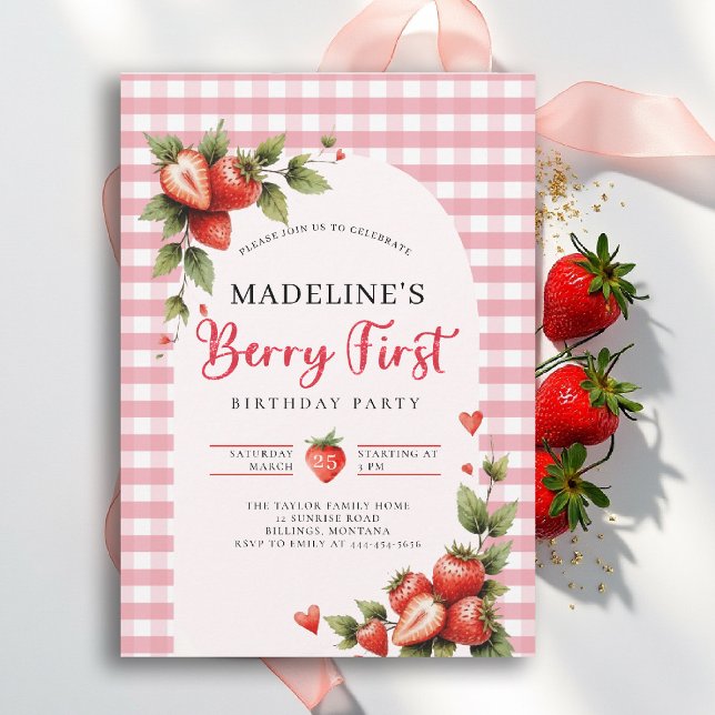 Berry Sweet Strawberry Gingham Summer 1st Birthday Invitation (berry first birthday party invitation girls strawberry 1st watercolor summer farmhouse cottage patch)
