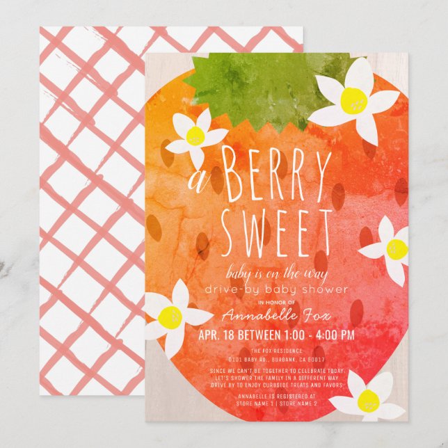 Berry Sweet Strawberry Girl Drive-by Baby Shower Invitation (Front/Back)