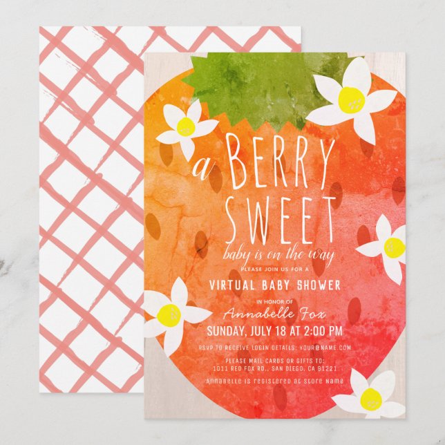 Berry Sweet Strawberry Girl Virtual Baby Shower Invitation (Front/Back)
