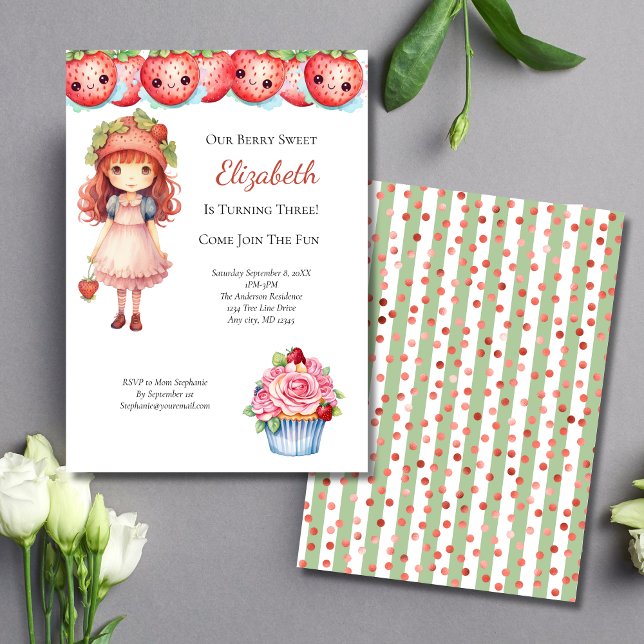 Berry Sweet Strawberry Girls Birthday Party  Invitation (Berry Sweet Strawberry Girls Birthday Party Invitation)