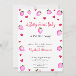 Berry Sweet Strawberry Hearts Girl Baby Shower  Invitation