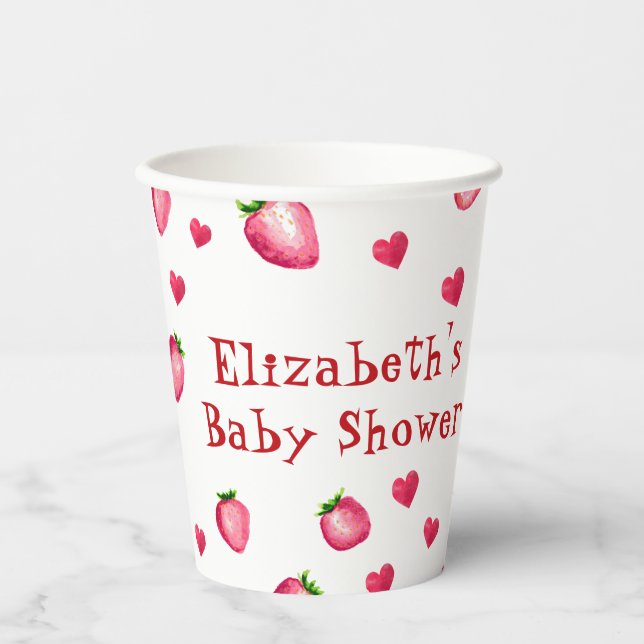 Berry Sweet Strawberry Hearts Unisex Baby Shower Paper Cups (Front)