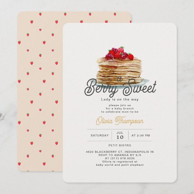 Berry Sweet Strawberry Pancakes Brunch Baby Shower Invitation (Front/Back)