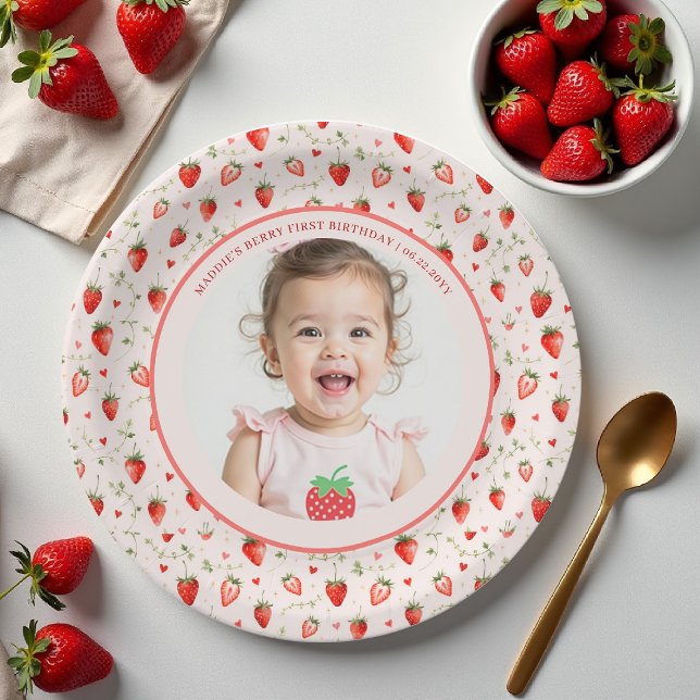 Berry Sweet Strawberry Patch Photo 1st Birthday Paper Plate (berry first birthday party photo paper plate girls strawberry 1st watercolor summer farmhouse patch)