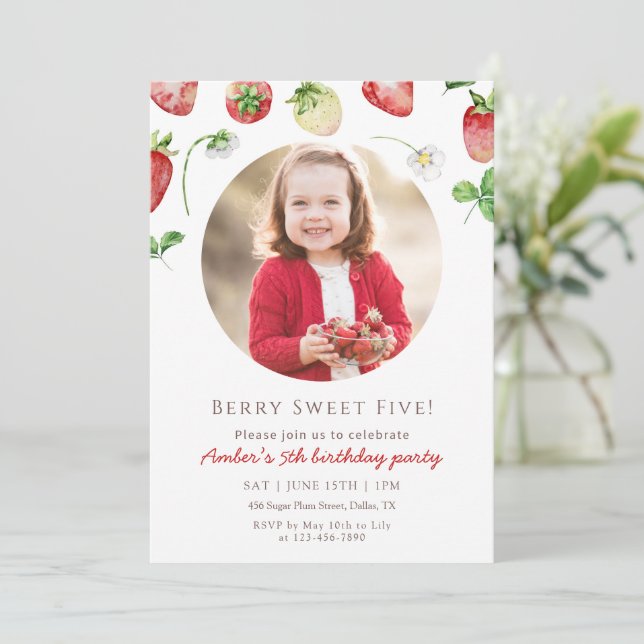 Berry Sweet Strawberry Photo Birthday Invitation (Standing Front)