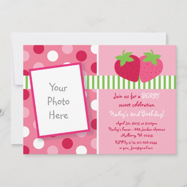 Berry Sweet Strawberry Photo Birthday Invitations (Front)