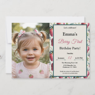 Berry Sweet Strawberry Picnic Photo Birthday  Invitation