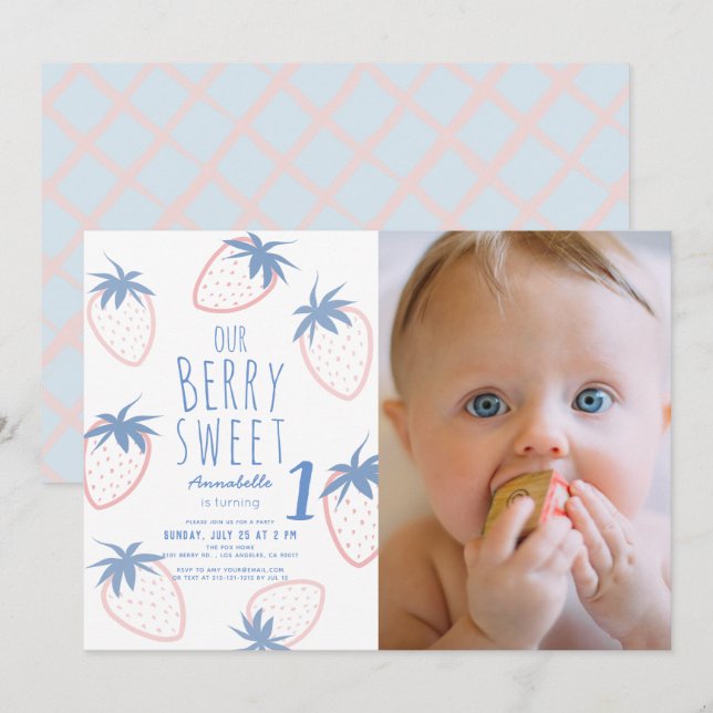 Berry Sweet Strawberry Pink 1st Birthday Photo Invitation (Front/Back)