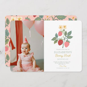Berry Sweet Strawberry Pink Berry First Birthday Invitation