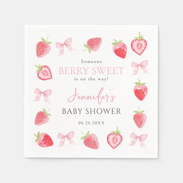 Berry Sweet Strawberry Pink Bow Baby Girl Shower Napkin (Front)