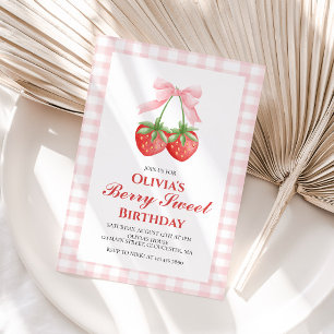 Berry Sweet Strawberry Pink Bow birthday Invitation