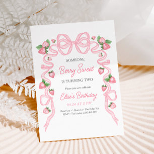 Berry Sweet Strawberry Pink Bow Birthday Invitation