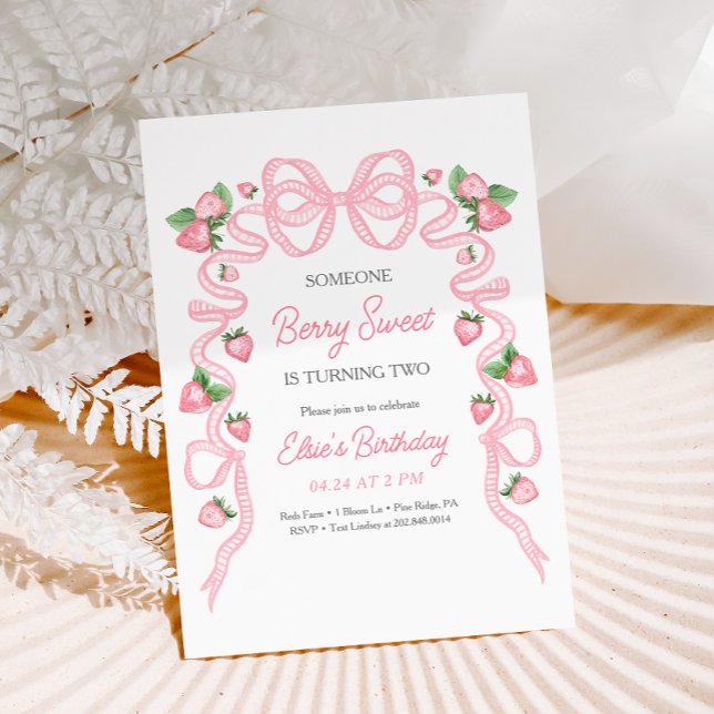 Berry Sweet Strawberry Pink Bow Birthday Invitation (Creator Uploaded)