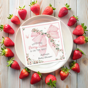 Berry Sweet Strawberry Pink Bow Floral Baby Shower Napkin