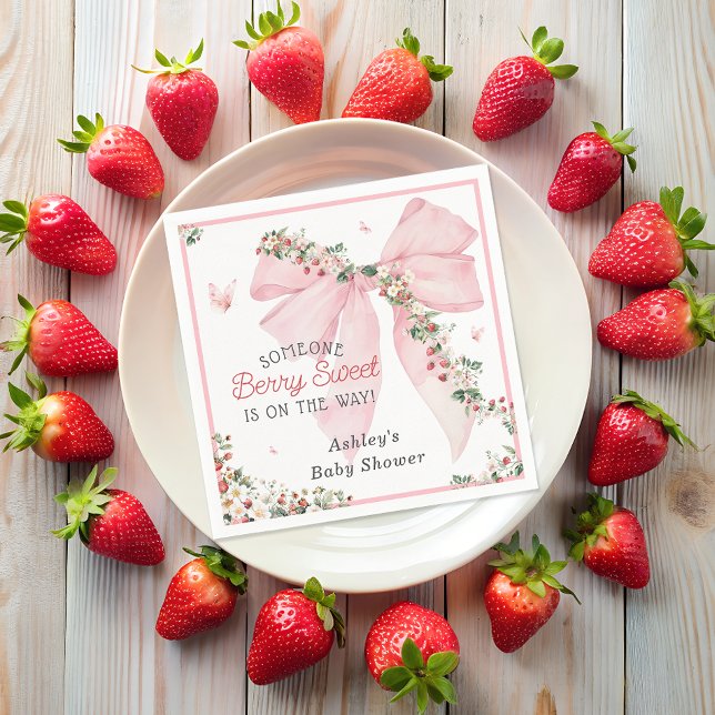 Berry Sweet Strawberry Pink Bow Floral Baby Shower Napkin (Creator Uploaded)