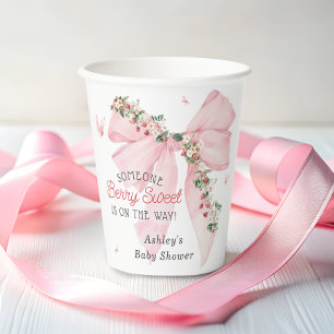 Berry Sweet Strawberry Pink Bow Floral Baby Shower Paper Cups