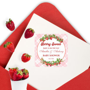 Berry Sweet Strawberry Pink Gingham Baby Shower  Square Sticker