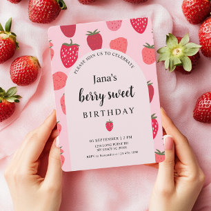 "Berry Sweet" Strawberry Pink & Red Birthday Invitation