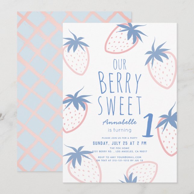 Berry Sweet Strawberry Pink White 1st Birthday Invitation (Front/Back)