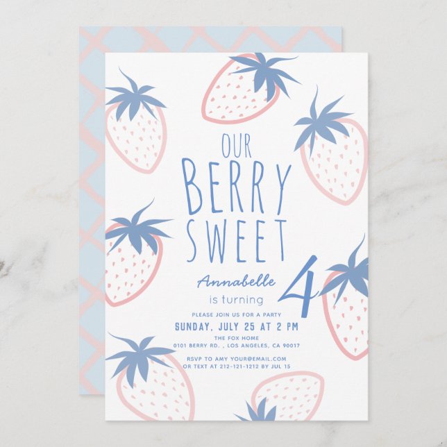 Berry Sweet Strawberry Pink White Birthday Invitation (Front/Back)