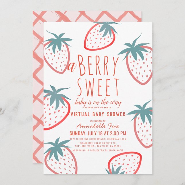 Berry Sweet Strawberry Red Virtual Baby Shower Invitation (Front/Back)