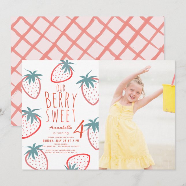 Berry Sweet Strawberry Red White Photo Birthday Invitation (Front/Back)
