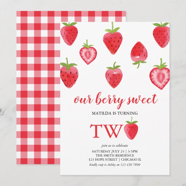 Berry Sweet Strawberry Second Birthday Invitation (Front/Back)