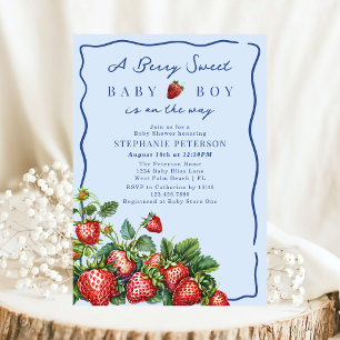 Berry Sweet Strawberry Summer Blue Boy Baby Shower Invitation