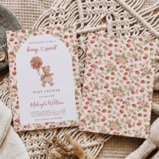 Berry Sweet Strawberry Teddy Bear Girl Baby Shower Invitation