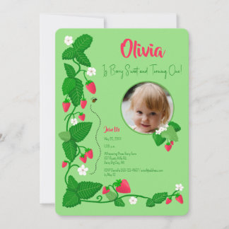 Berry Sweet Strawberry Vine 1st Birthday Girl Invitation