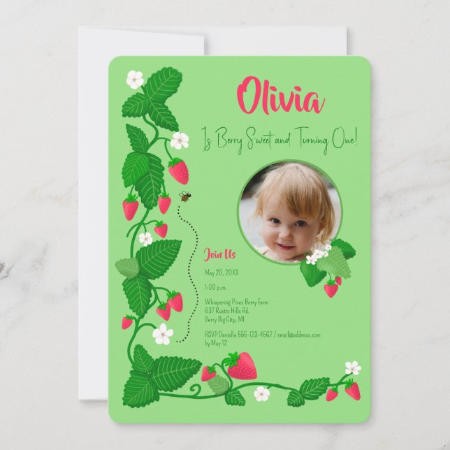 Berry Sweet Strawberry Vine 1st Birthday Girl Invitation (Front)