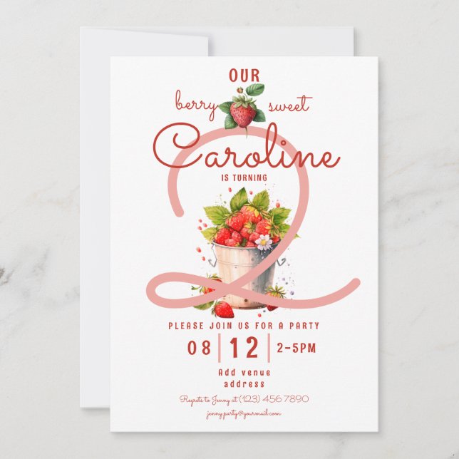 Berry Sweet Strawbery Baby Girl Birthday Party Invitation (Front)