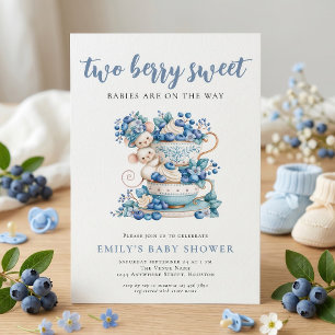 Berry Sweet Twin Blueberry Mice Teacup Baby Shower Invitation