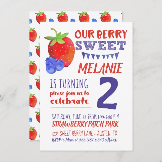 Berry Sweet Watercolor Invitation Red White Blue (Front/Back)