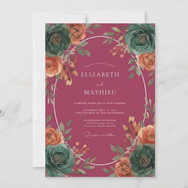 Berry Teal Wreath Wedding Invitation (Front)