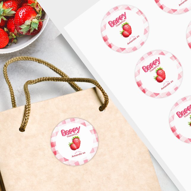Berry Thankful Strawberry Baby Shower Favour Gift  Classic Round Sticker (Baby Shower berry thankful favor sticker gift strawberry sweet gingham party pink red new mother mom)